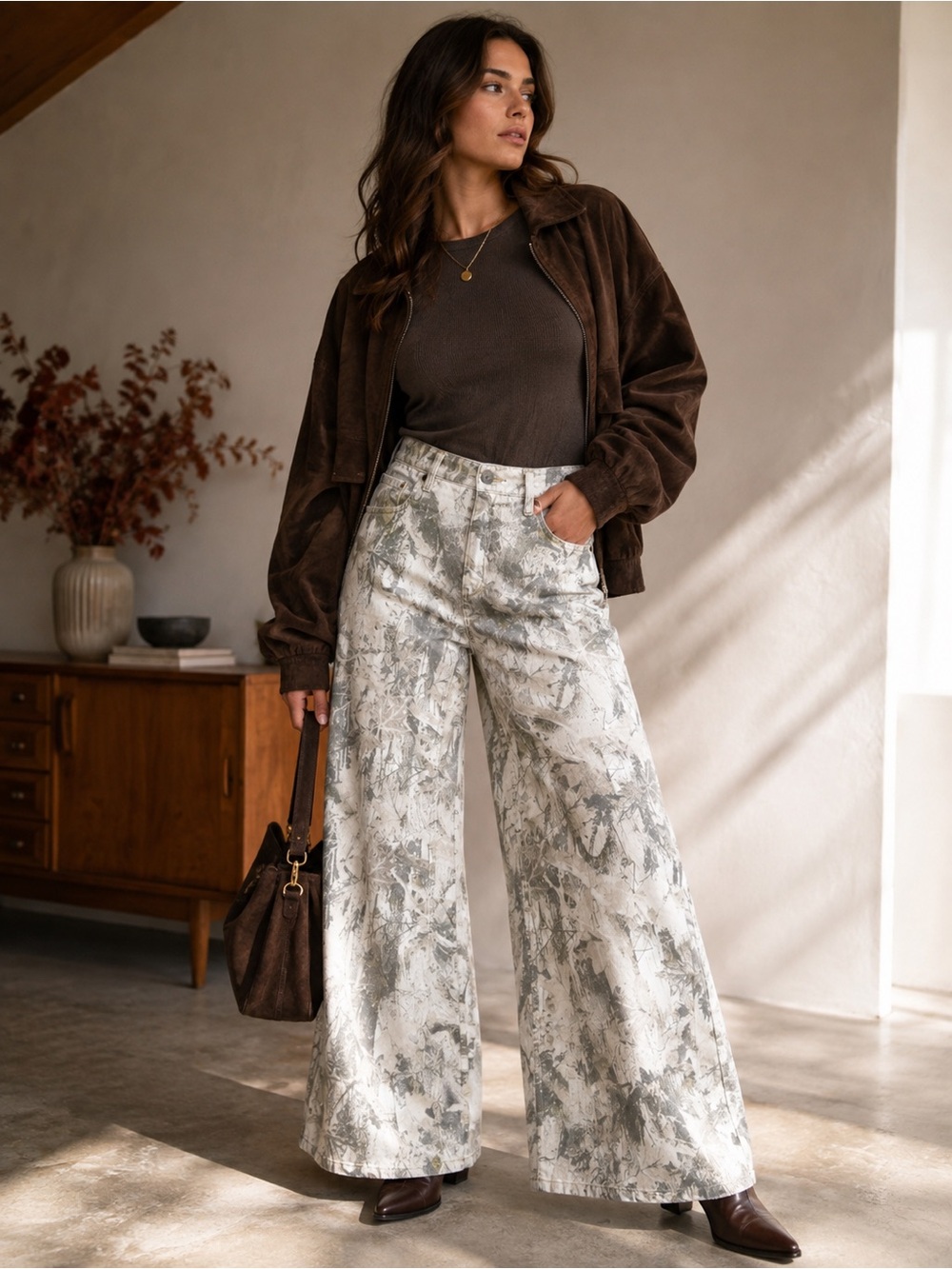Saige XL Abstract Camo Wide Leg Jeans Cream Gray Y2K Utility Grunge Pants